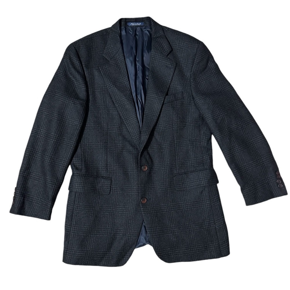 Chaps Ralph Lauren 100% Wool Black Gray Checkered Jacquard Blazer Jacket 42 Tall